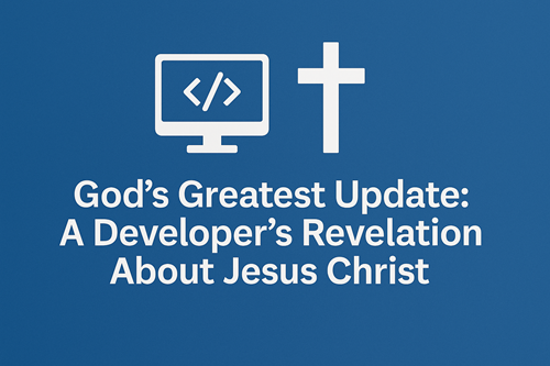 a blue background with white text and a computer monitor and a cross