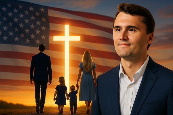 Silhouette of a family walking toward a glowing cross with the U.S. flag in the background, father leading ahead.