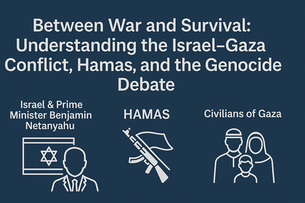 Between War and Survival: Understanding the Israel–Gaza Conflict, Hamas, and the Genocide Debate' showing three key actors: Israel and Prime Minister Benjamin Netanyahu, Hamas symbolized by a rifle and flag, and Gaza civilians represented by a family icon.