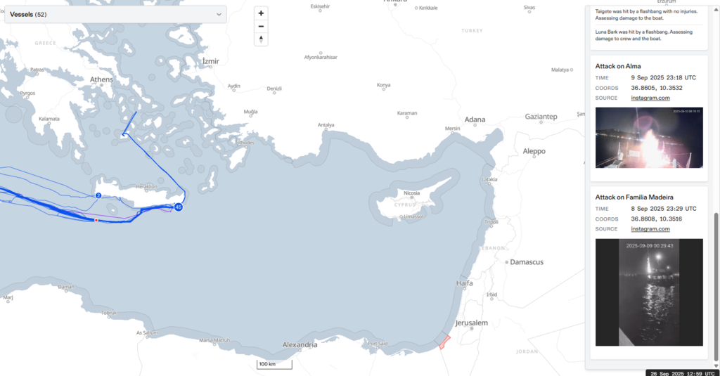 A live tracker map of the Global Sumud Flotilla on September 26, 2025, showing vessels clustered near Crete at position 45. Past incidents, including drone and flashbang attacks, are marked along the route as the fleet prepares to continue toward Gaza.